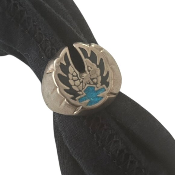 Silver Tone HD Biker Ring | Eagle & Turquoise Shield Double Ring Sz 11.5/12 Mens - Picture 3 of 7